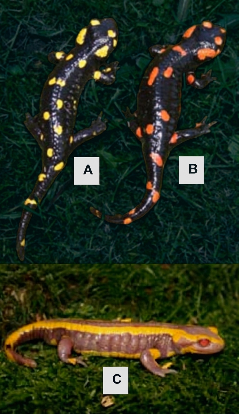 Drei Salamander auf Gras: zwei schwarze mit gelb/orangen Flecken (A, B) und ein gelb-brauner Salamander (C)